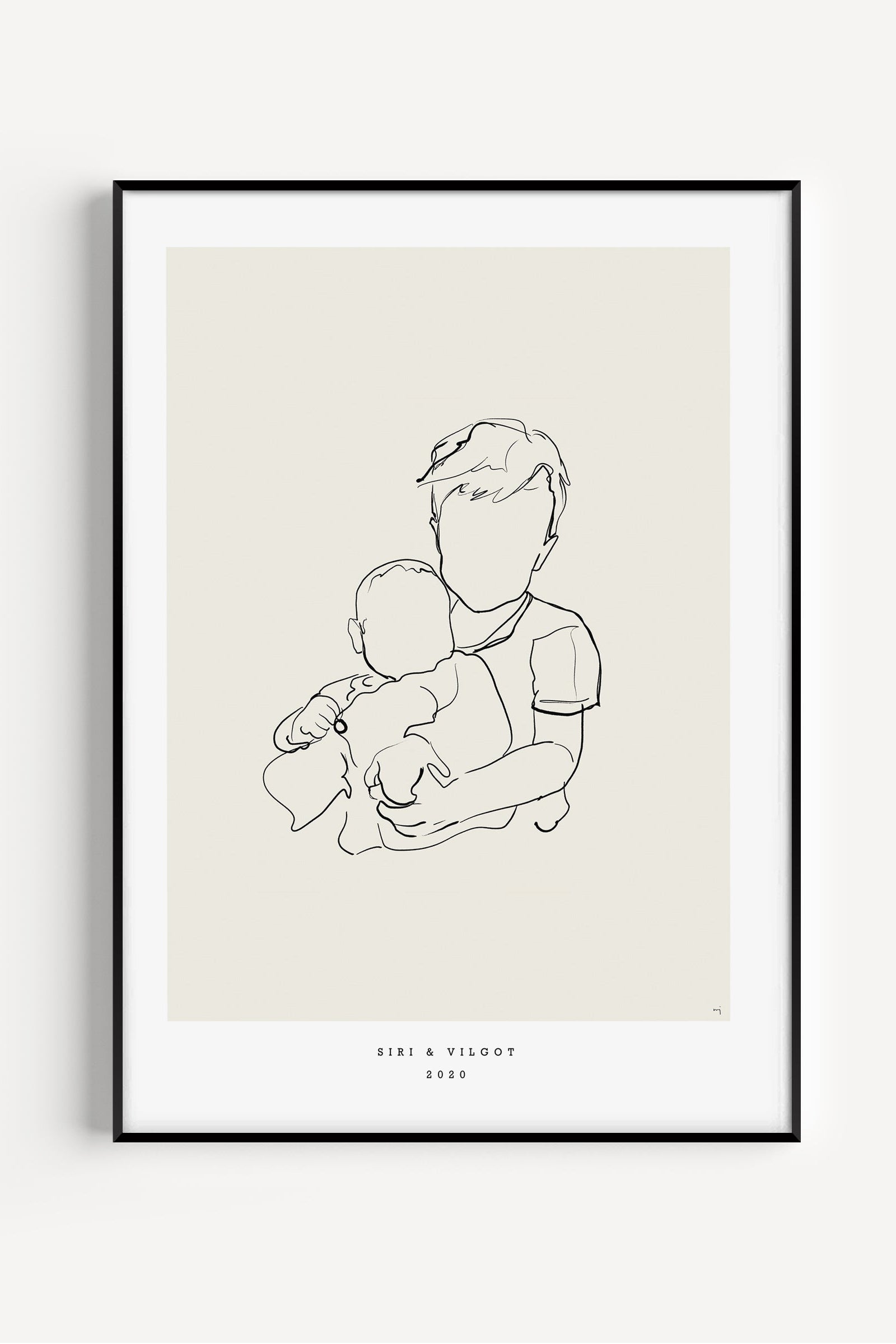 Custom arty line art portrait of siblings, faceless minimalist illustration drawn from a photograph