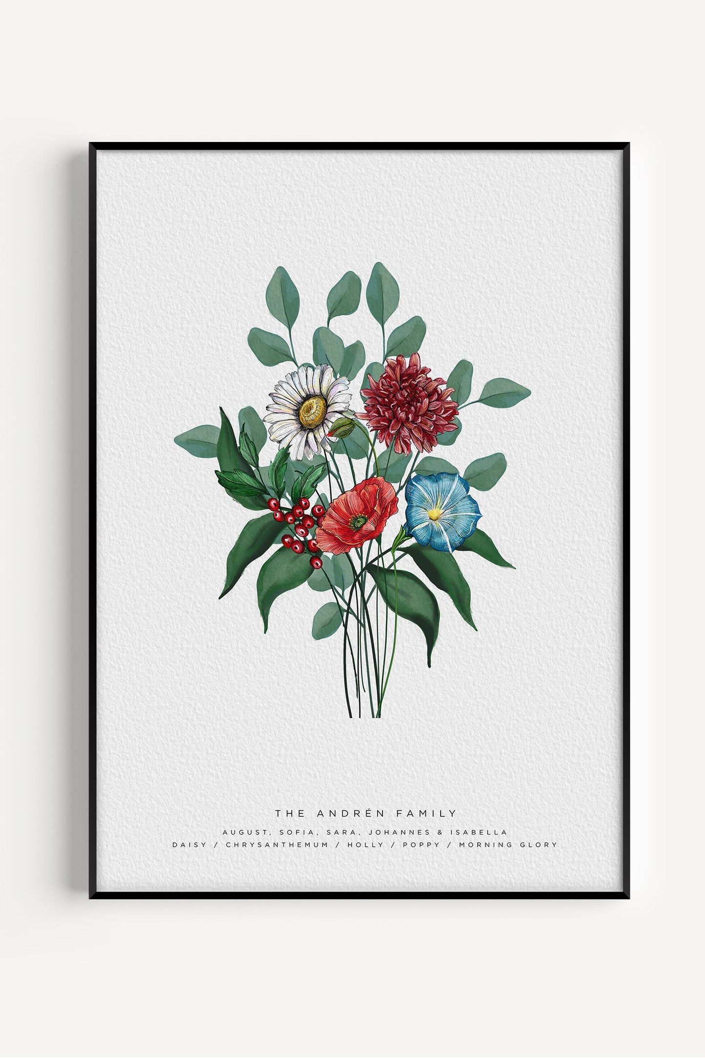 Personalized family birth flower bouquet poster with hand painted birth month flowers on white background