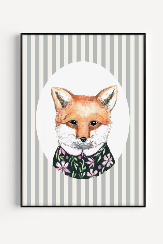 Adorable fox illustration poster with soft colors – perfect wall art for nursery, kids’ room, or woodland-themed decor