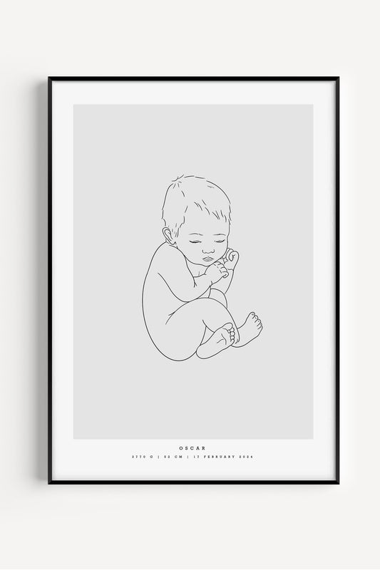 Generic newborn birth poster showing one baby in minimalist natural pose