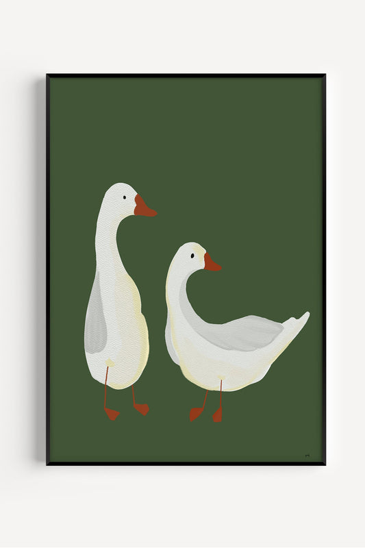 Cute goose poster with two silly geese on a green background – perfect for nursery or kids' room wall decor