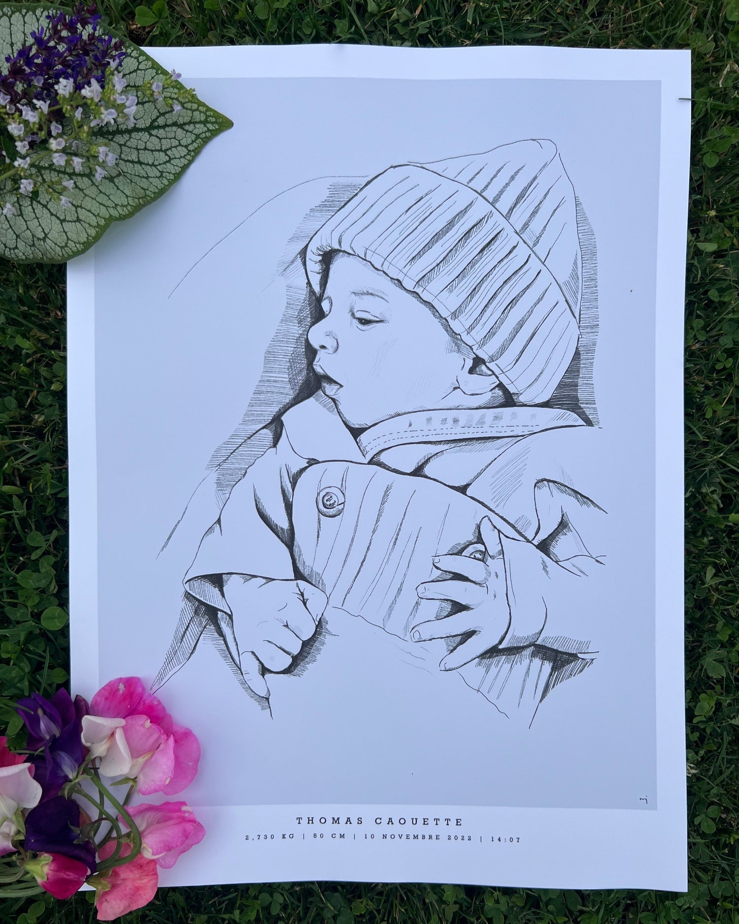 Hand-drawn baby portrait with personalized birth poster
