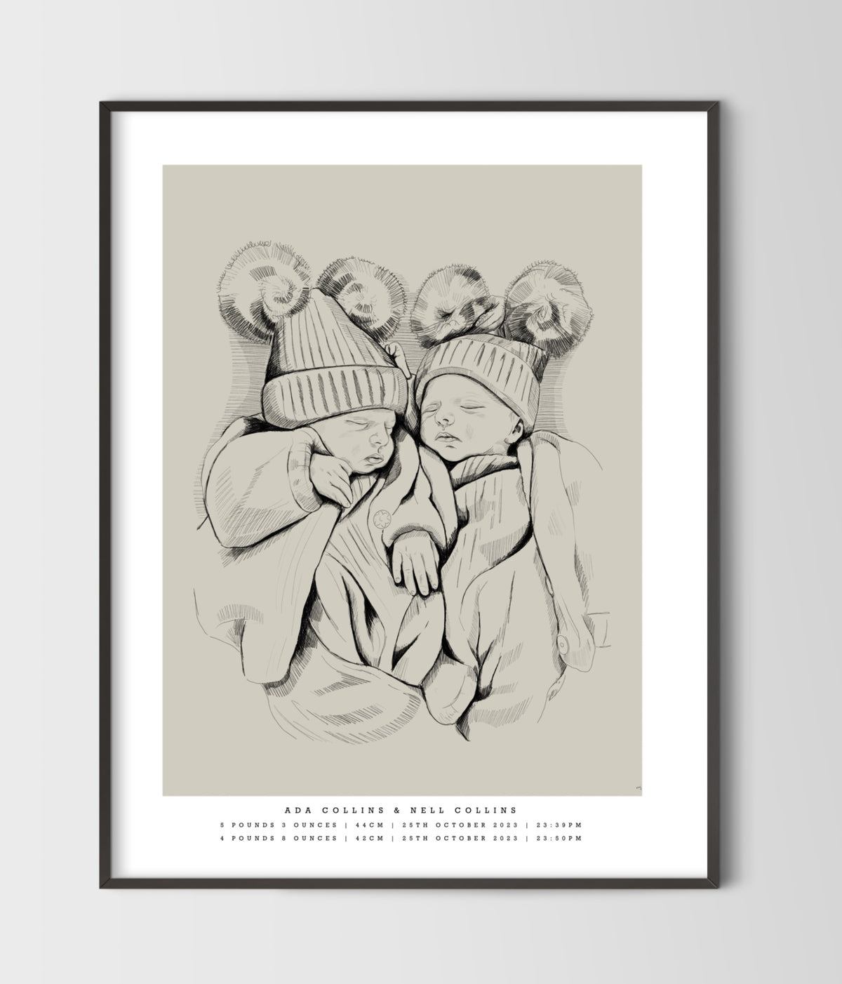 Hand-Drawn Birth Poster - Twins & triplets