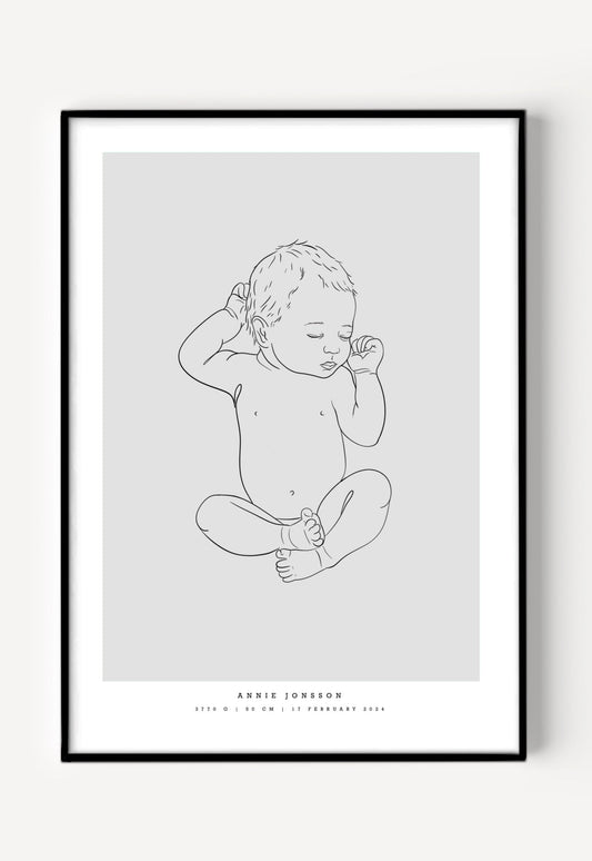 Illustration of a baby boy lying on his back with one arm raised, featured on a birth poster