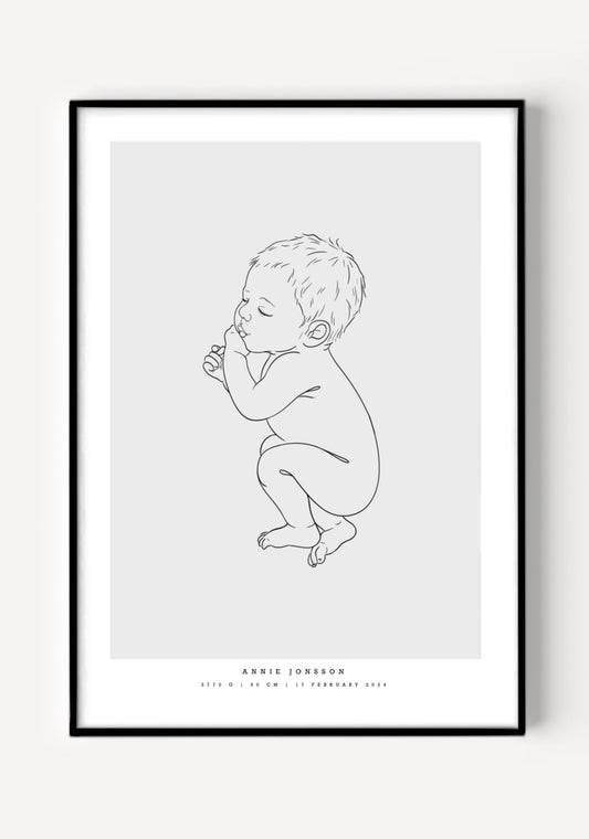 Illustration of a newborn baby lying on the side, featured on a birth poster