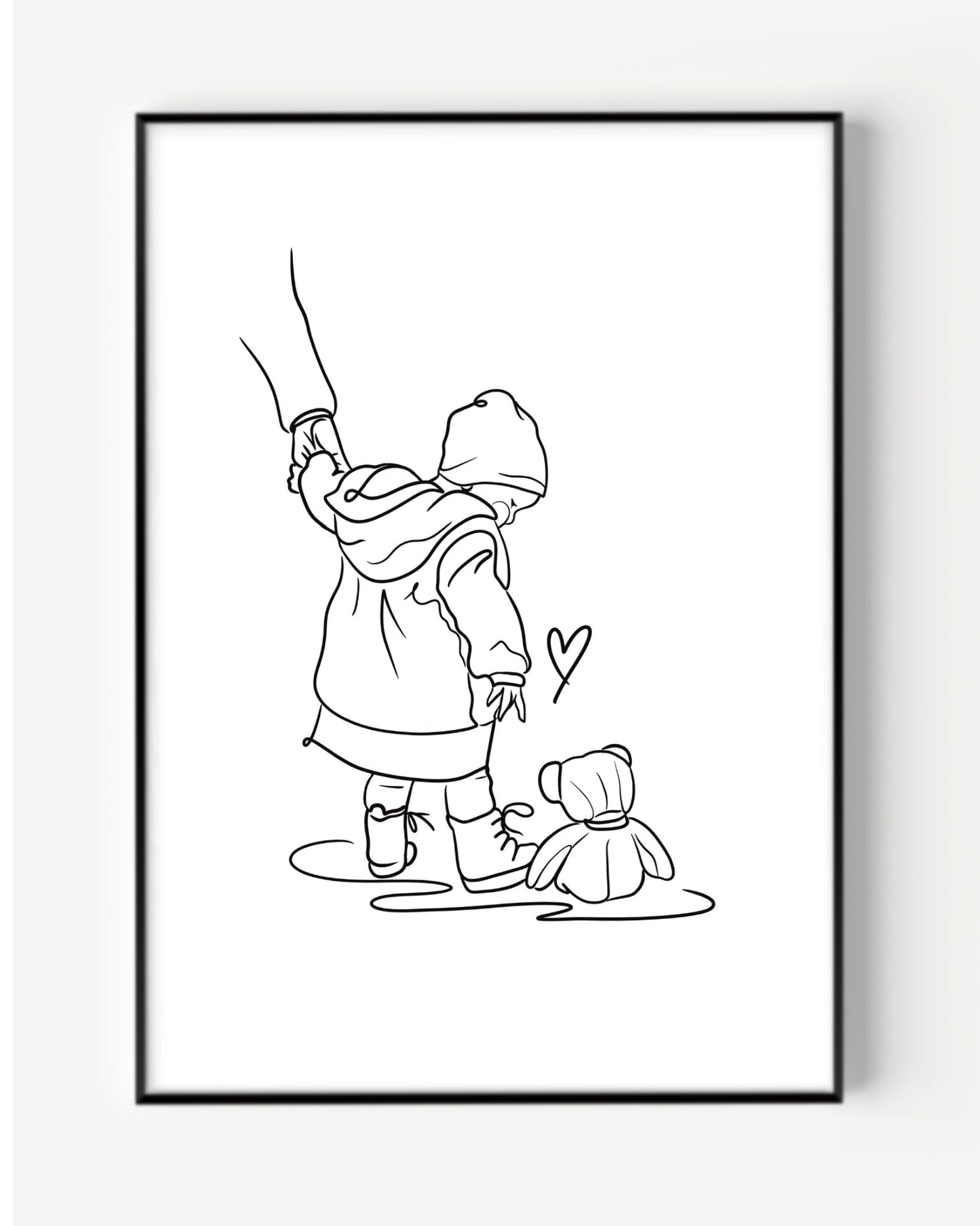 Line art portrait illustration of a child and her teddy bear, featured on a minimalist line art portait