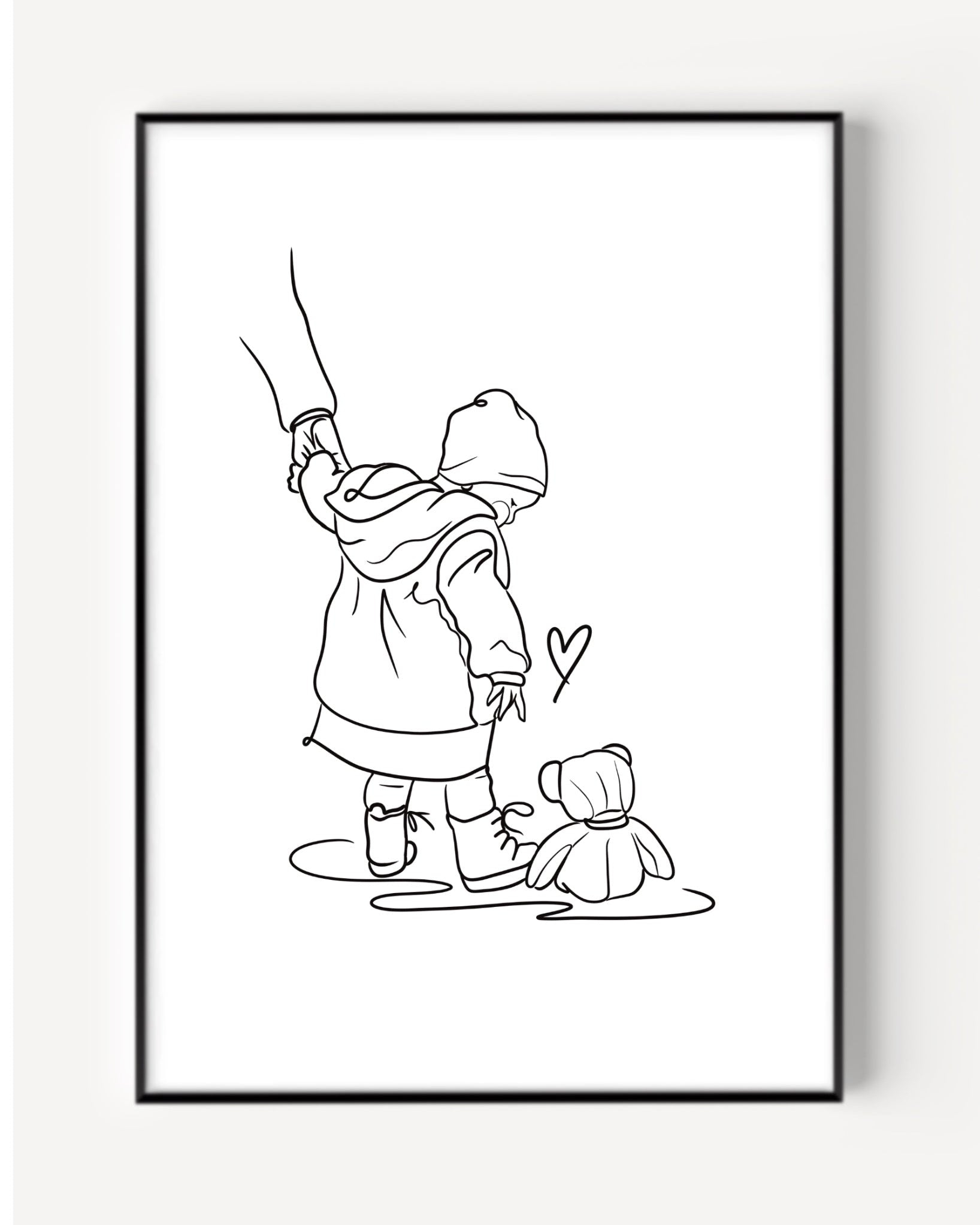 Line art portrait illustration of a child and her teddy bear, featured on a minimalist line art portait