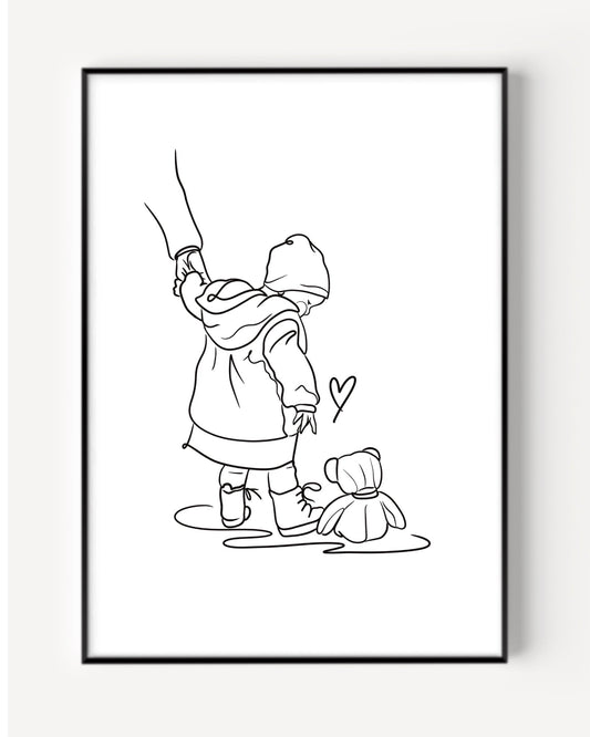Line art portrait illustration of a child and her teddy bear, featured on a minimalist line art portait