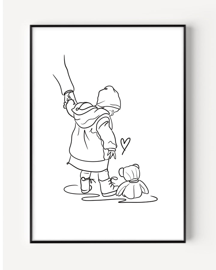 Line art portrait illustration of a child and her teddy bear, featured on a minimalist line art portait
