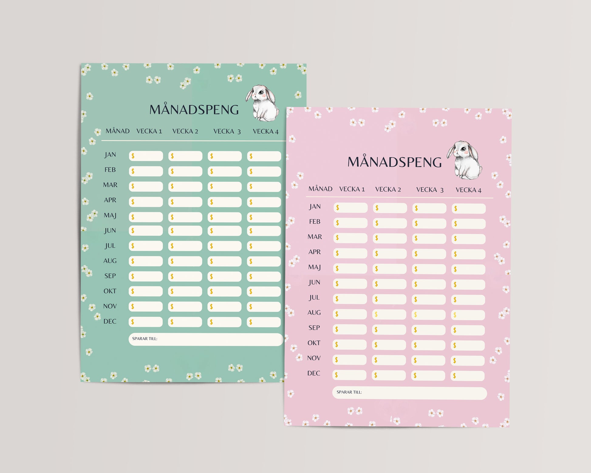 Månads-Spartracker Printable för barn med söt kanin och blomdesign – 4 rutor per månad med ”Spara till”-ruta, digital PDF för sparande