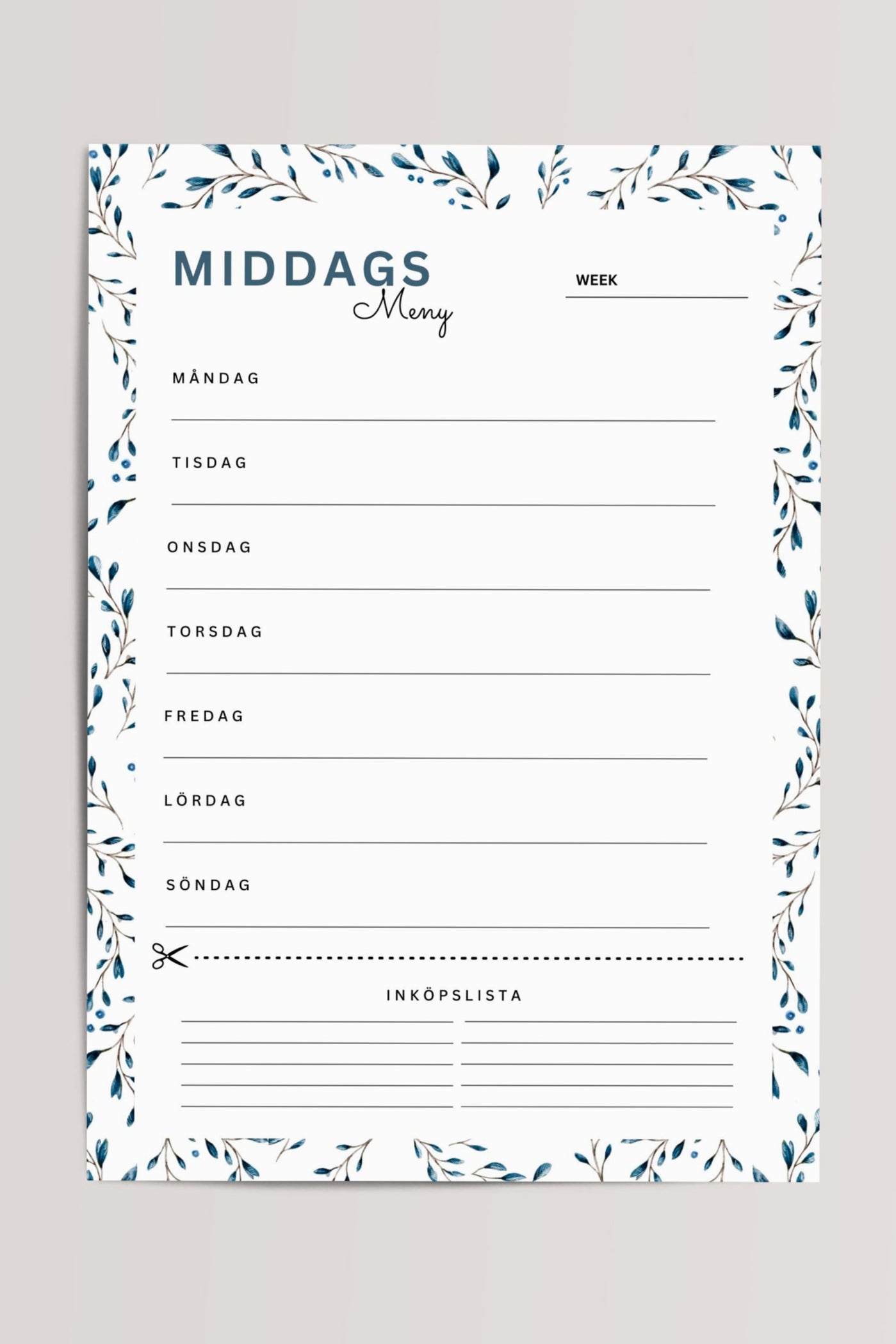 Middagsplanerare Printable med veckomeny och inköpslista – digital PDF för planering av middagar och enklare matinköp