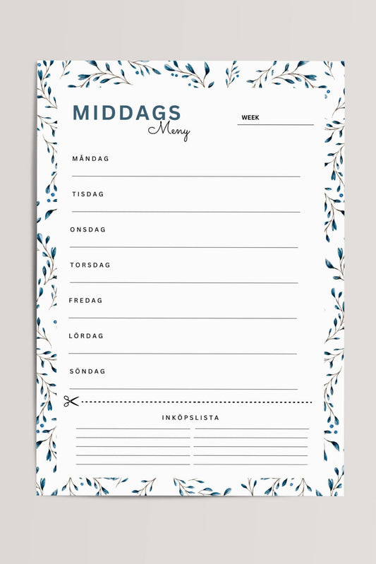 Middagsplanerare Printable med veckomeny och inköpslista – digital PDF för planering av middagar och enklare matinköp