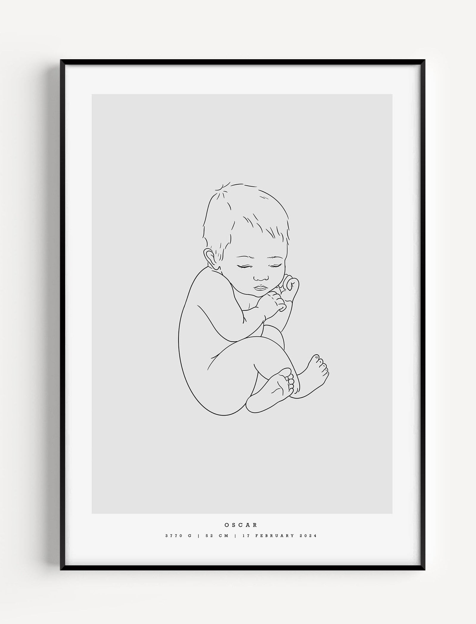 Minimalist personalized birth poster with baby illustration scaled to newborn length – minimalistisk personlig födelsetavla bebis