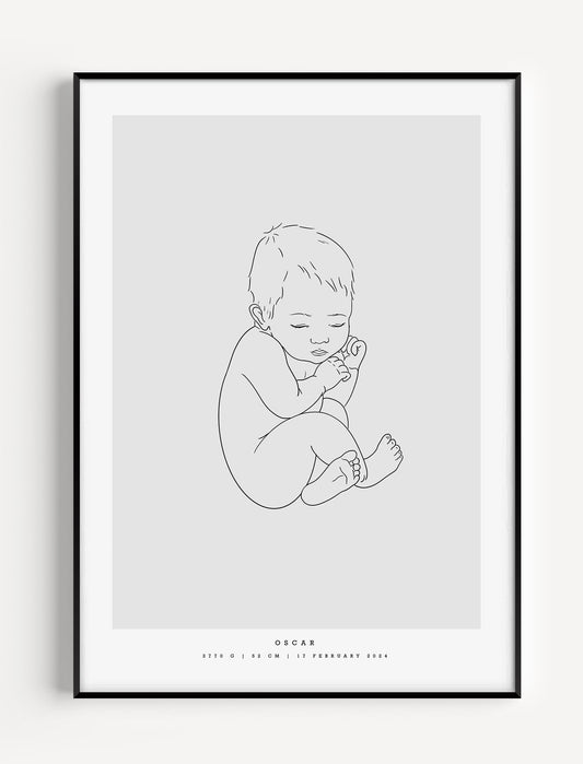 Minimalist personalized birth poster with baby illustration scaled to newborn length – minimalistisk personlig födelsetavla bebis