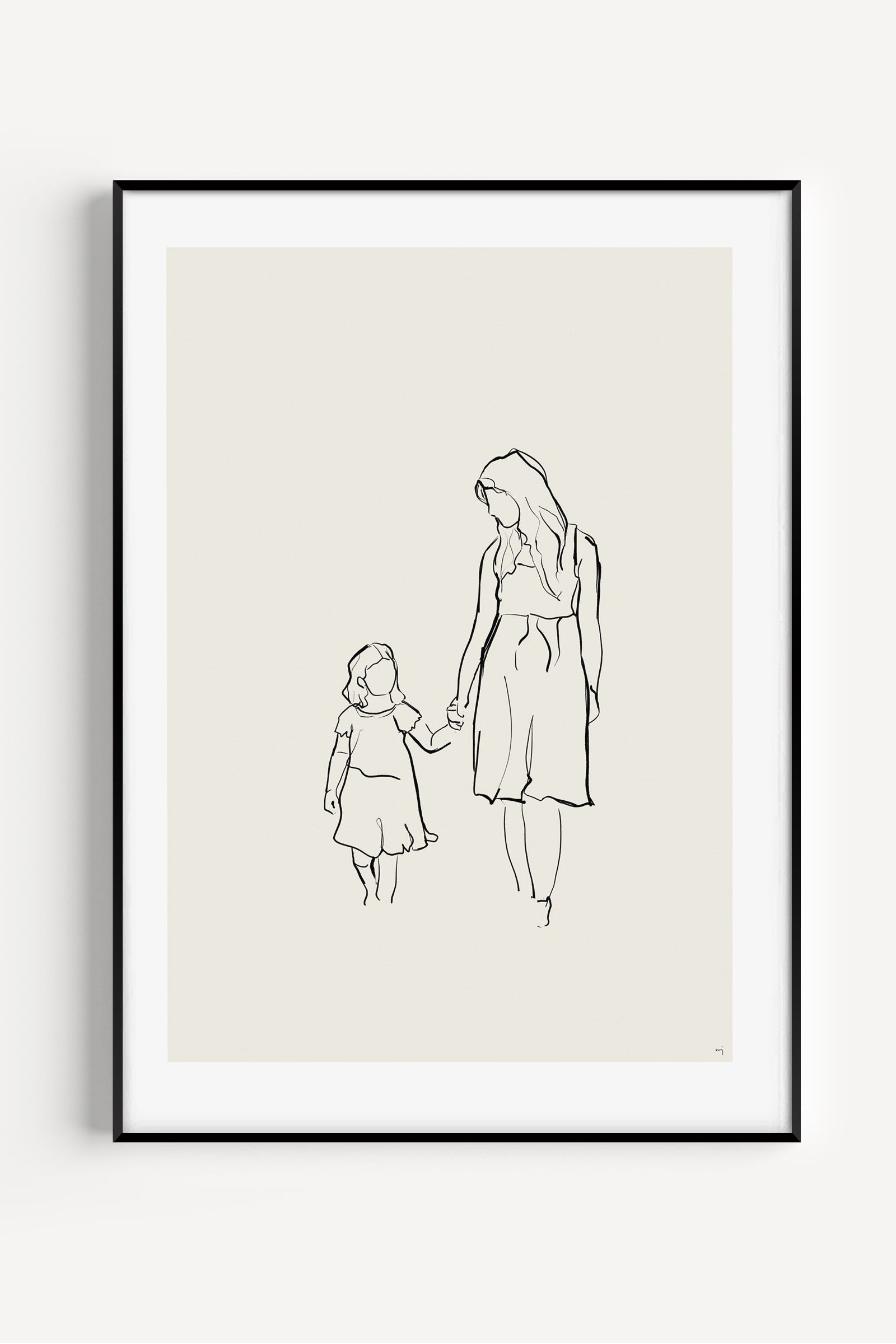 Mother and daughter holding hands in a custom arty line art portrait, faceless minimalist illustration from photo