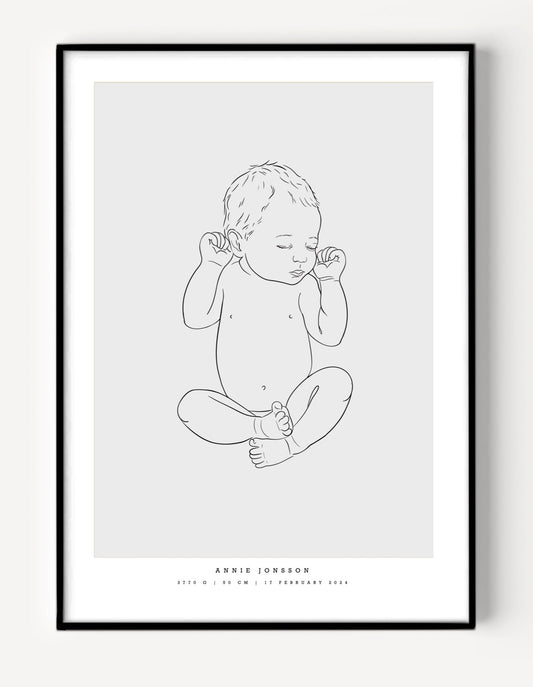 Newborn baby birth poster art print scaled to real birth length – födelsetavla bebis i naturlig storlek