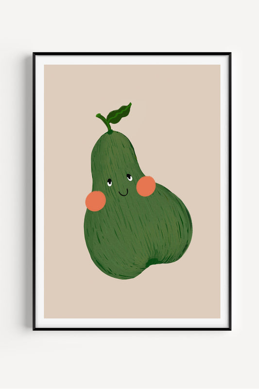 Cute illustrated pear with rosy cheeks on a light background – perfect wall art for nursery, toddler room or gender-neutral kids' decor