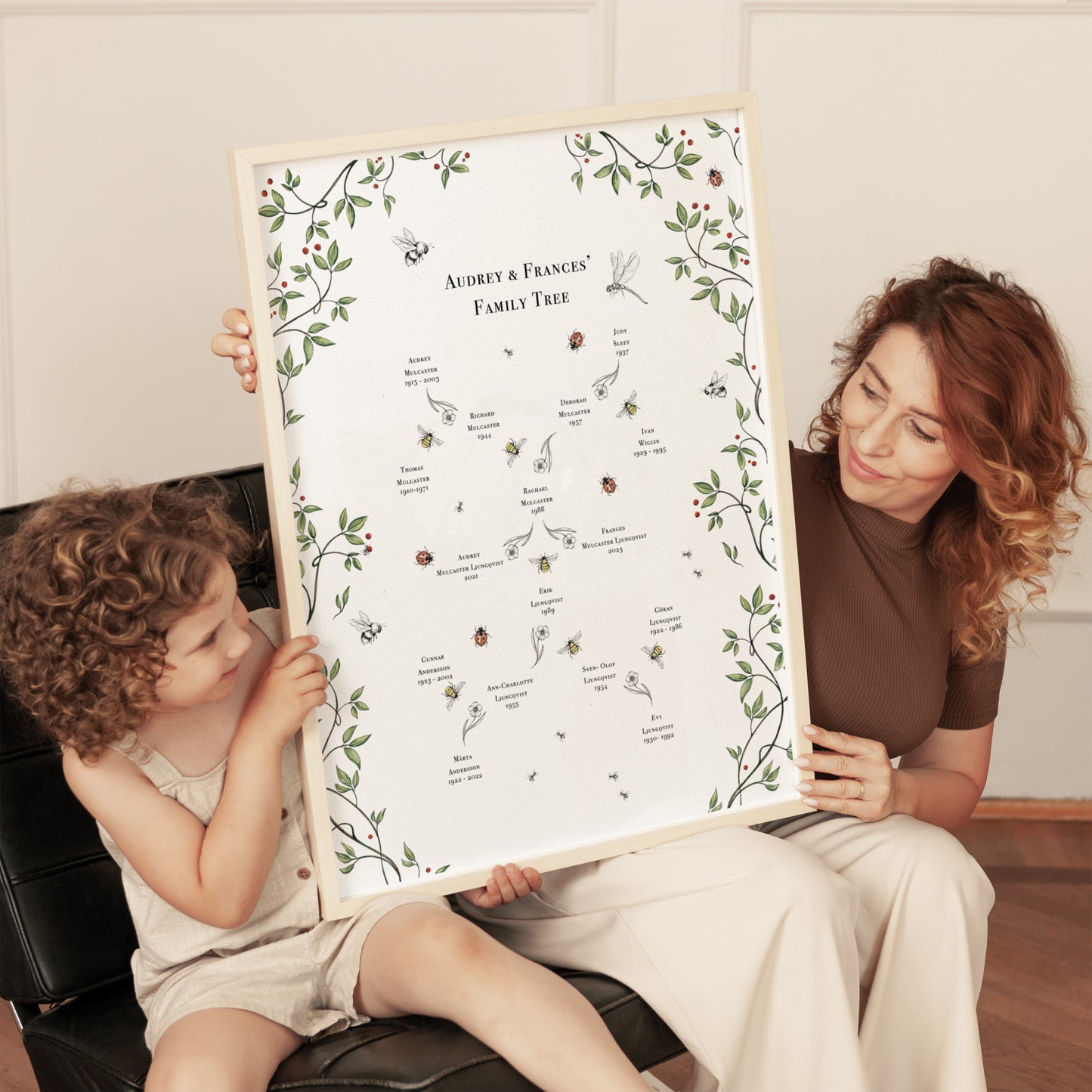 Custom kids family name poster Bees and Bugs design with playful insects