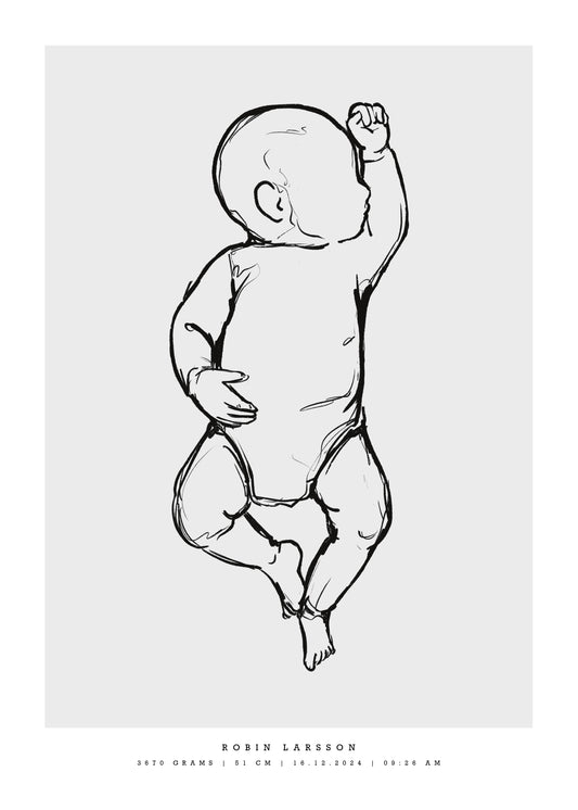 Personalized birth poster with baby illustration scaled to the baby's real birth length – personlig födelsetavla bebis i naturlig storlek