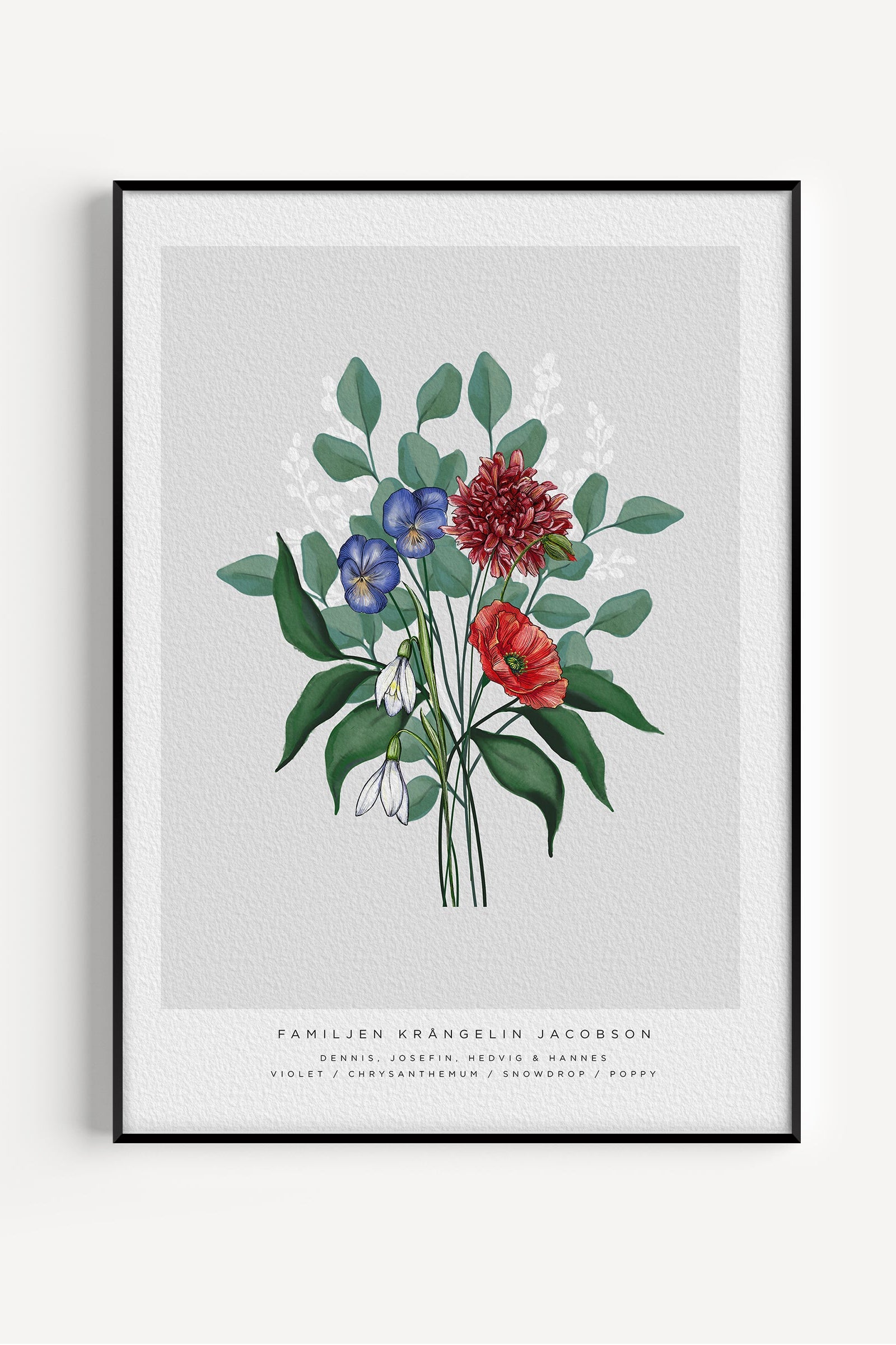 Personalized family birth flower bouquet poster with hand painted birth month flowers on grey background