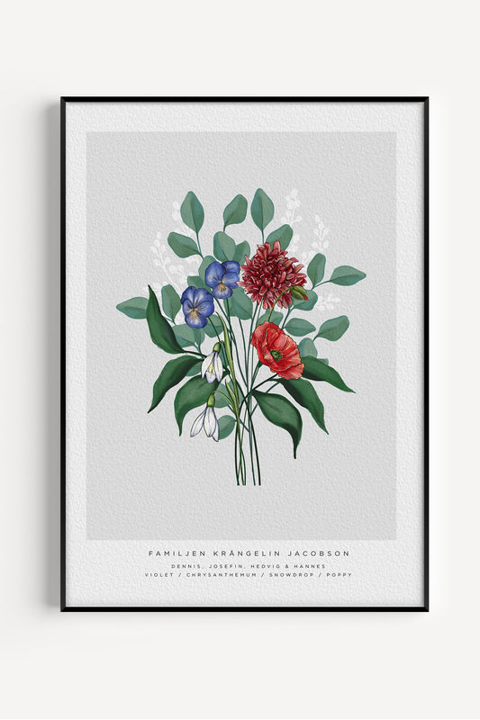 Personalized family birth flower bouquet poster with hand painted birth month flowers on grey background