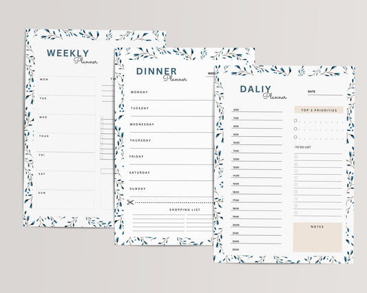 Planner Bundle Printable – Weekly Planner, Daily Planner with To-Do List, and Dinner Planner with grocery list – digital PDF download for productivity and organization