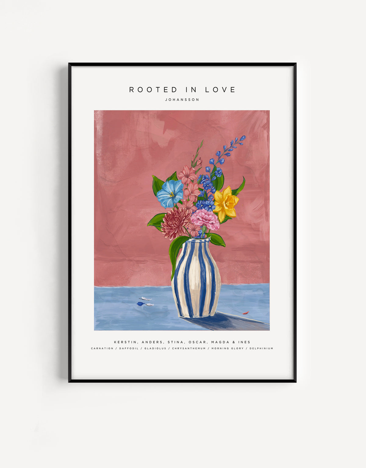 Together We Bloom, familjevas med en randig vas och sex födelseblommor mot rosa bakgrund