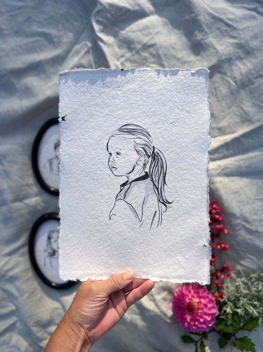 Vintage-style portrait printed on 250gsm handmade cotton rag paper with natural deckled edges.