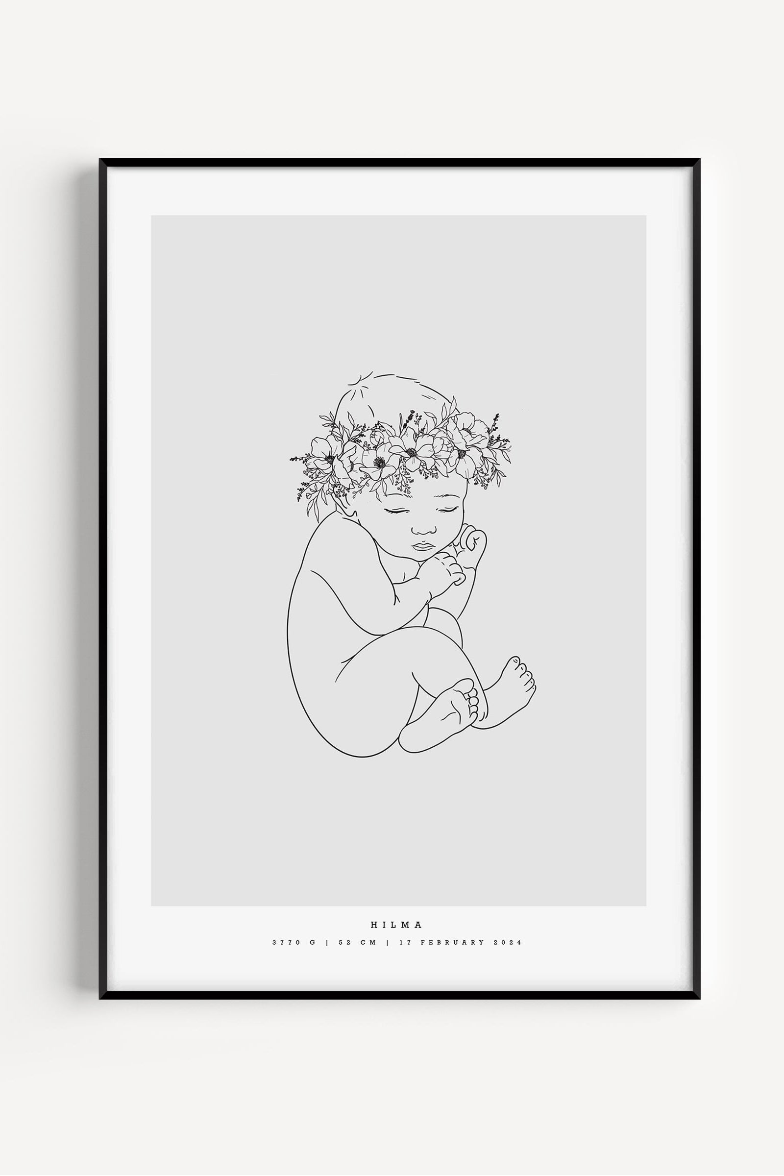 Single baby birth poster featuring newborn with floral crown in 1:1 scale, generic design