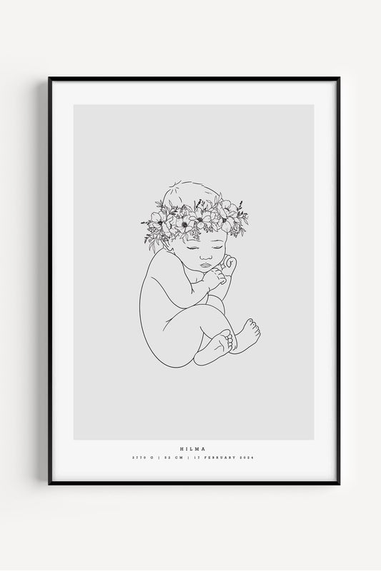 Single baby birth poster featuring newborn with floral crown in 1:1 scale, generic design