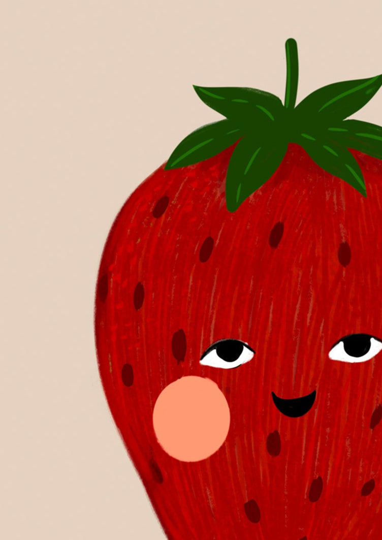 Close-up of smiling strawberry character showing hand-drawn texture and soft color details – whimsical wall art for kids or baby room
