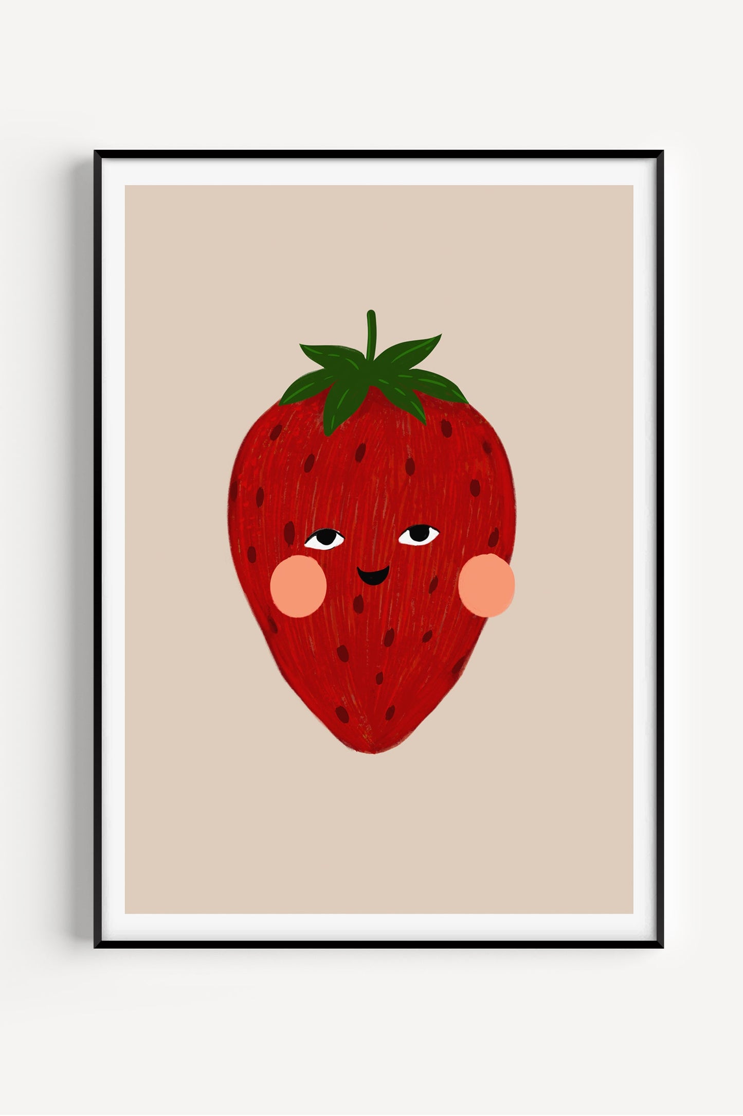 Cute strawberry illustration with a smiling face and rosy cheeks – playful red fruit wall art for nursery or kids’ room