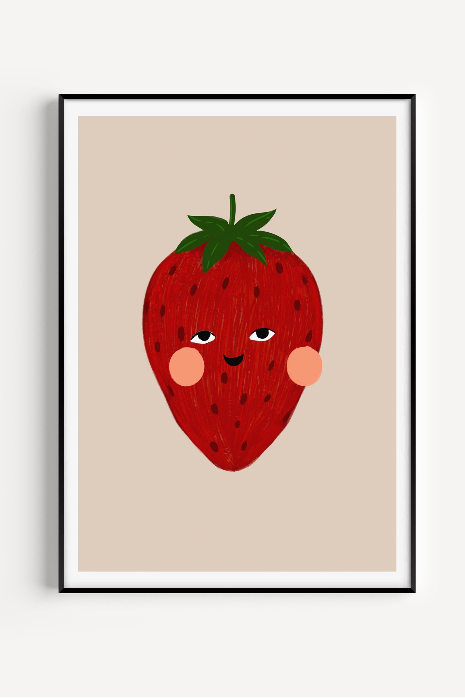 Cute strawberry illustration with a smiling face and rosy cheeks – playful red fruit wall art for nursery or kids’ room