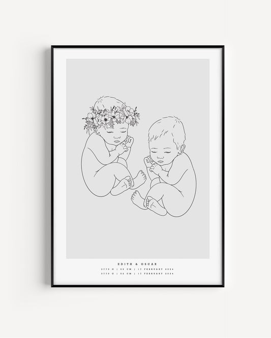 1:1 scale twin birth poster with boy and girl newborns, one with floral crown