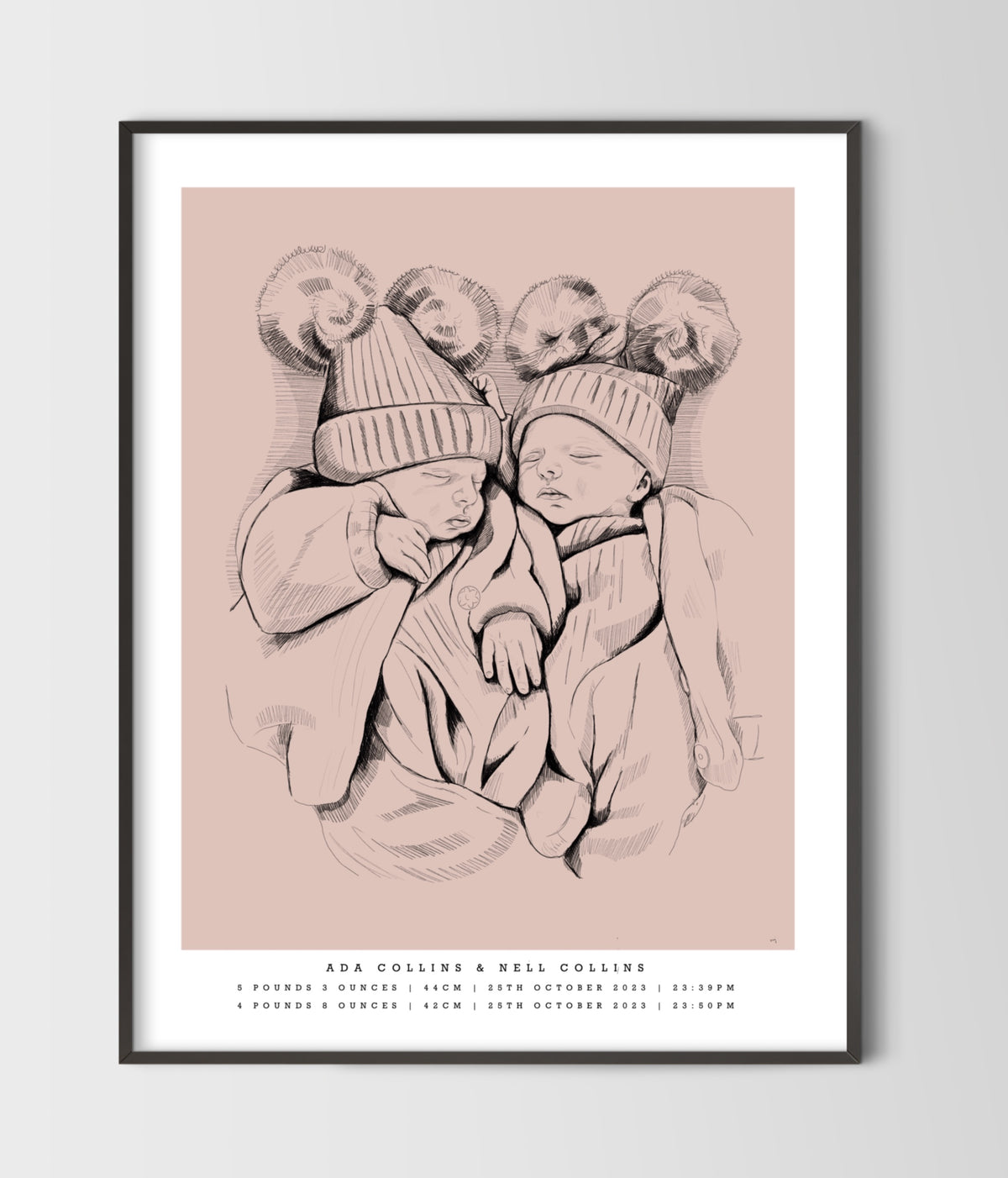 Hand-Drawn Birth Poster - Twins & triplets