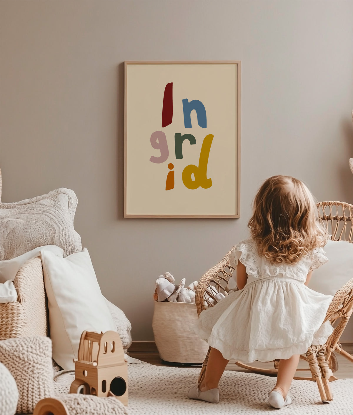 Vibrant custom name poster for nursery or kids room, colorful design personalized with the name Ingrid, fun wall art for girls and boys.