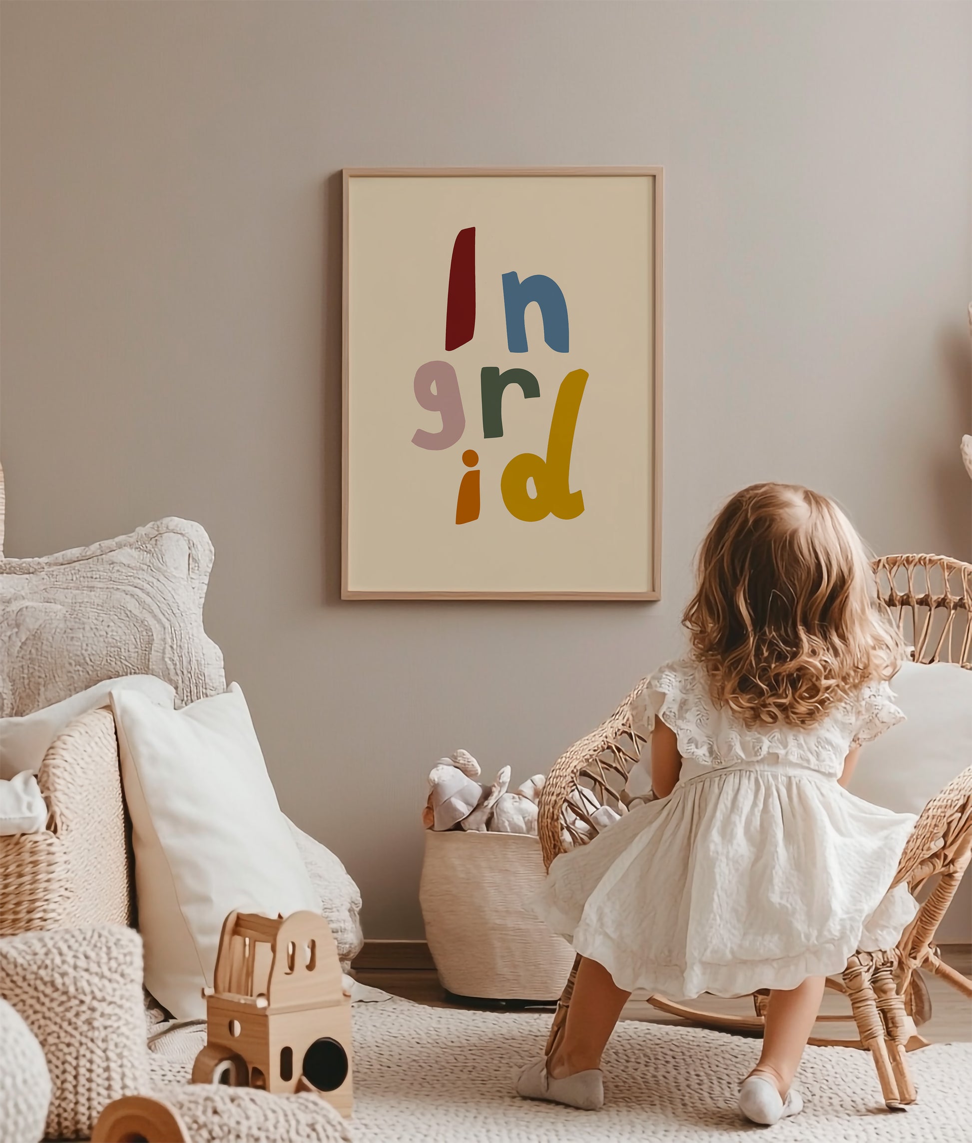 Vibrant custom name poster for nursery or kids room, colorful design personalized with the name Ingrid, fun wall art for girls and boys.