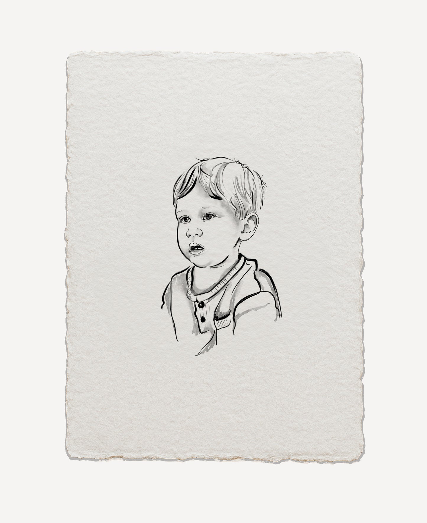 Handmade cotton paper featuring a custom drawn portrait with fine details and natural texture. vintage and heriloom style