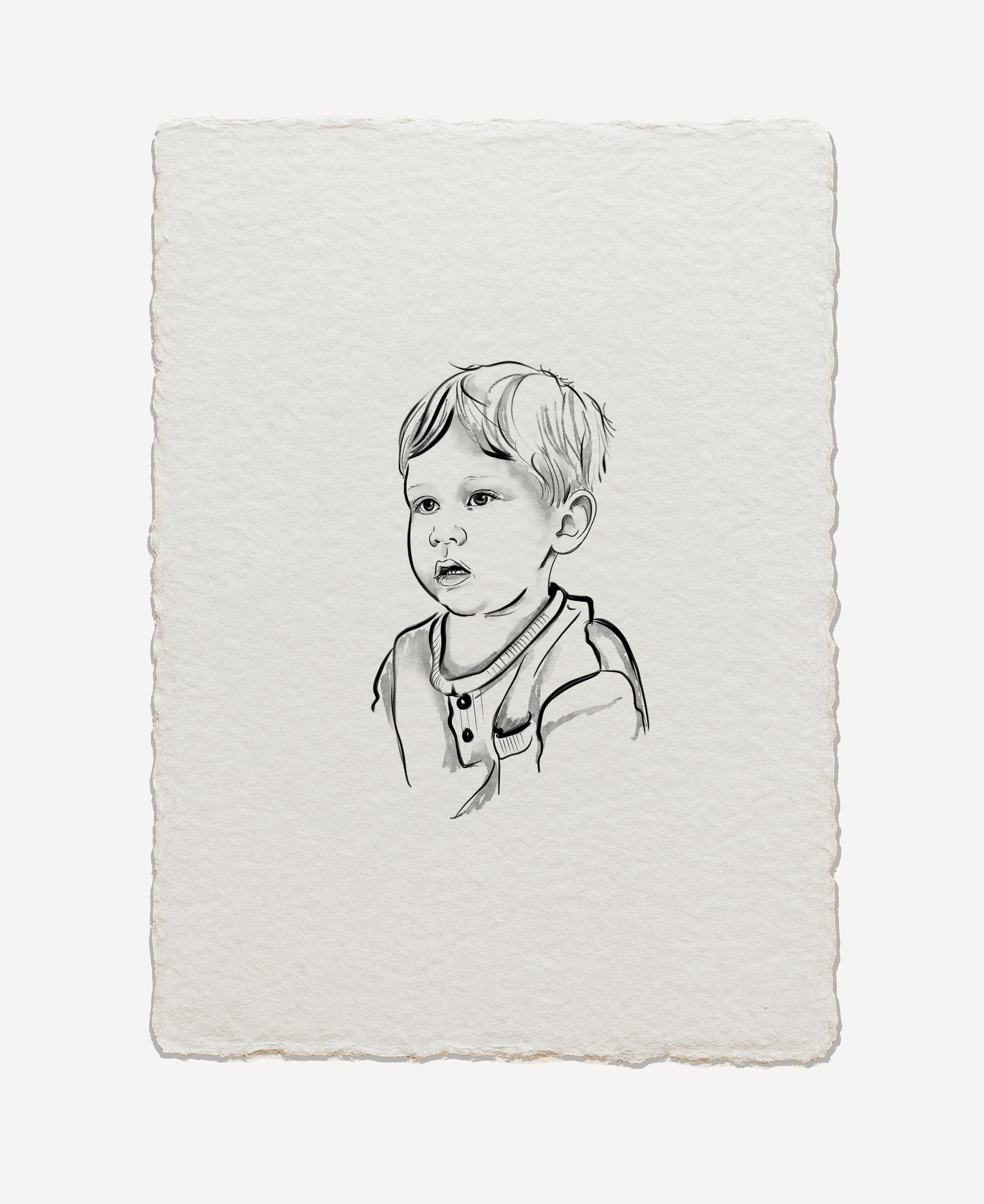 Handmade cotton paper featuring a custom drawn portrait with fine details and natural texture. vintage and heriloom style