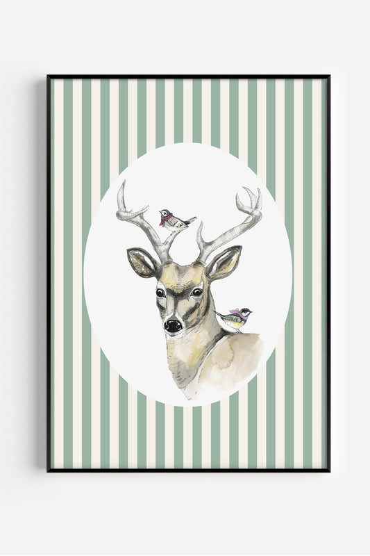 Watercolor deer illustration on striped background – evergreen-inspired poster, timeless wall art for Scandinavian homes
