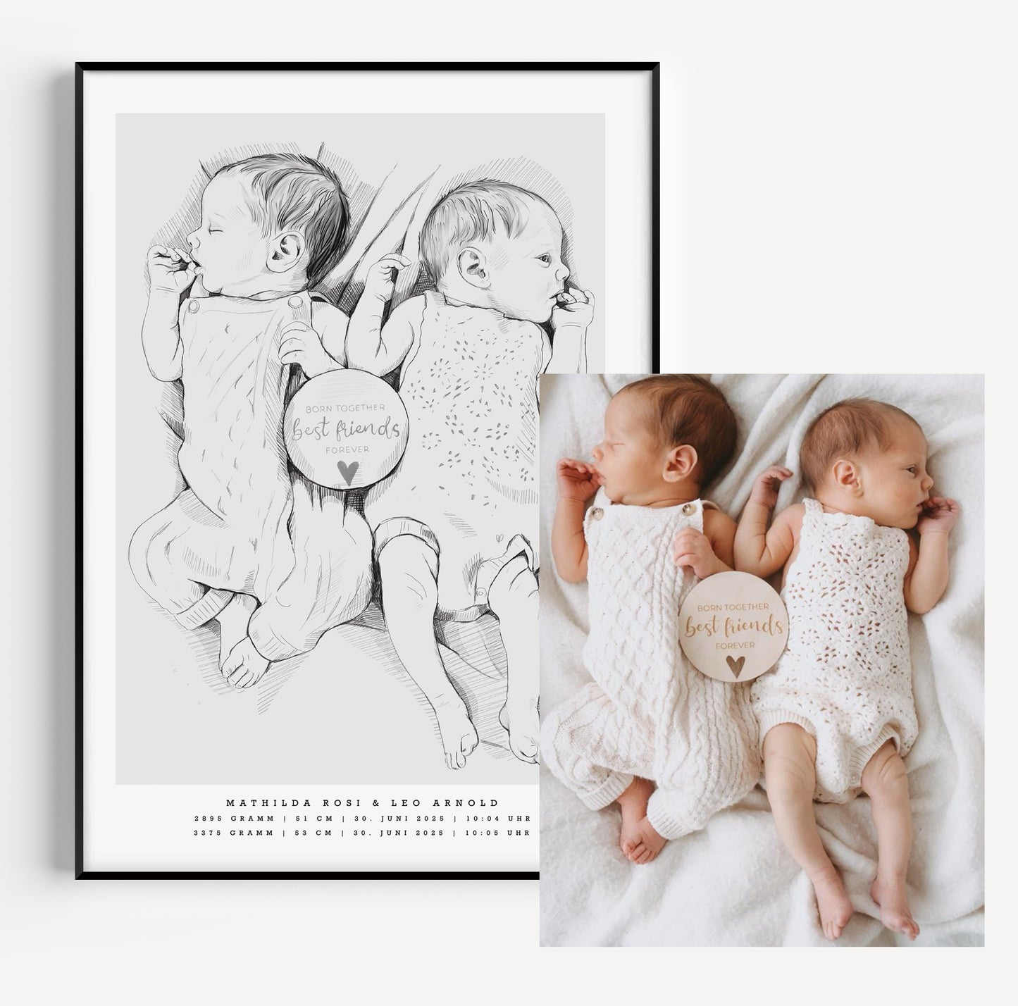 Tvillingar födelsetavla skala 1:1 före och efter, handritad från fotografi av Tilda med namn och födelsedatum / Twin birth poster 1:1 scale before and after, hand-drawn from photo by Tilda, personalized illustration with names and birth details

