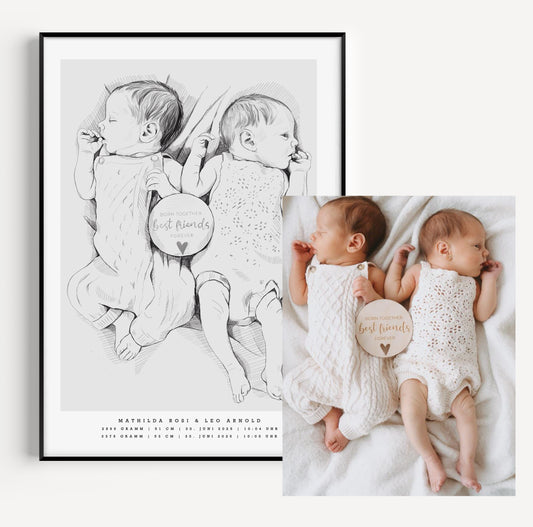 Tvillingar födelsetavla skala 1:1 före och efter, handritad från fotografi av Tilda med namn och födelsedatum / Twin birth poster 1:1 scale before and after, hand-drawn from photo by Tilda, personalized illustration with names and birth details
