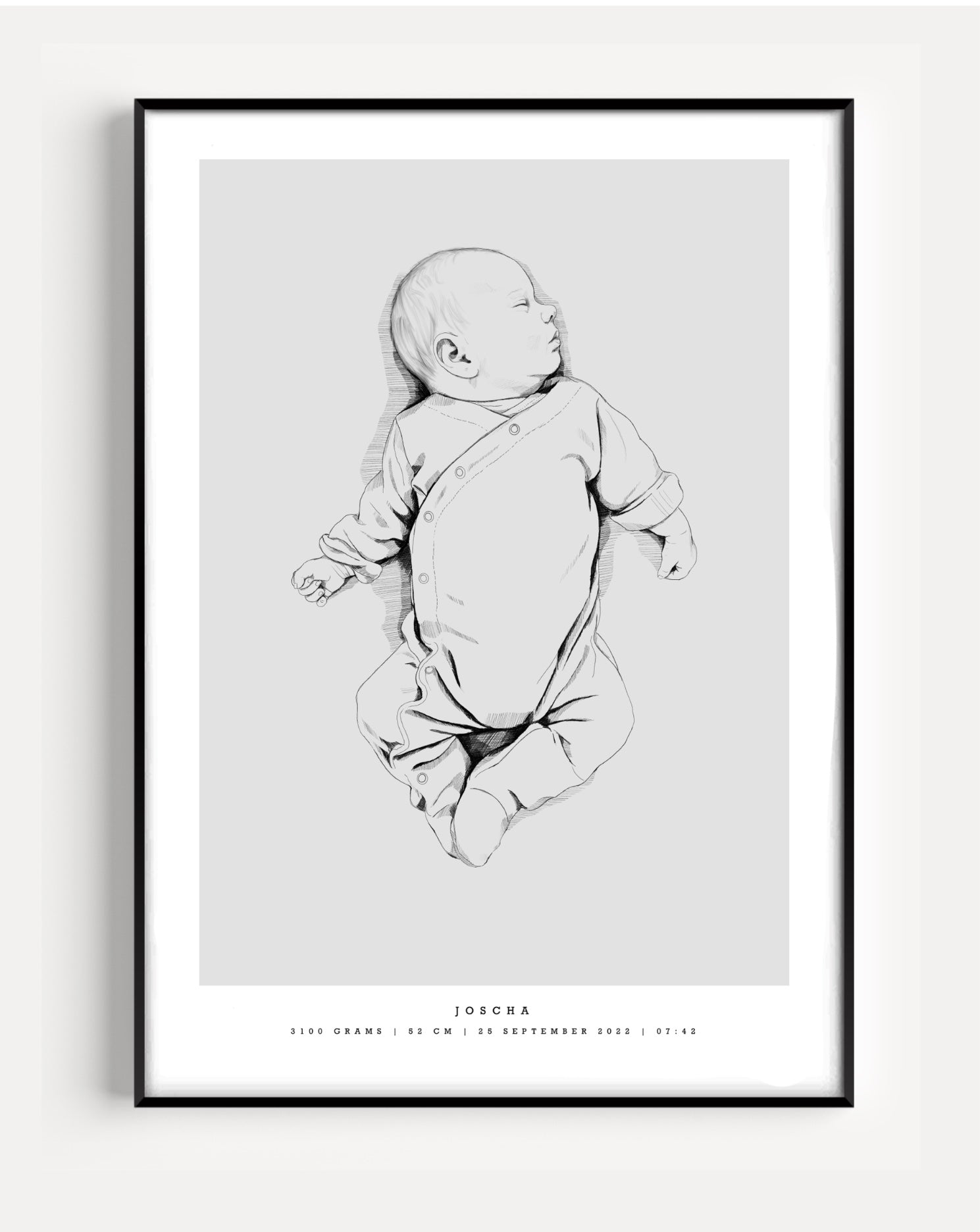 Drawn birth poster scale 1:1 med grå bakgrund