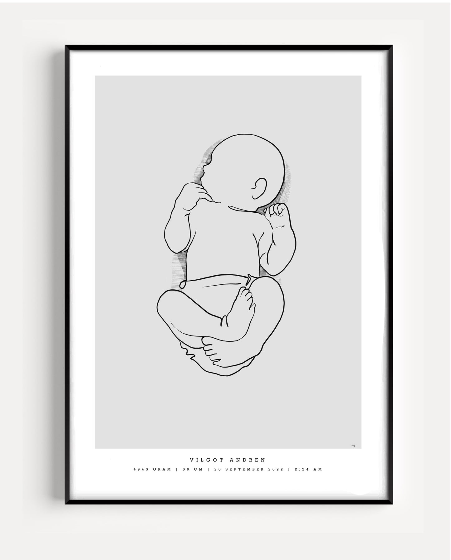 Minimal baby birth poster illustration scaled to baby's real birth length – stilren personlig födelsetavla bebis